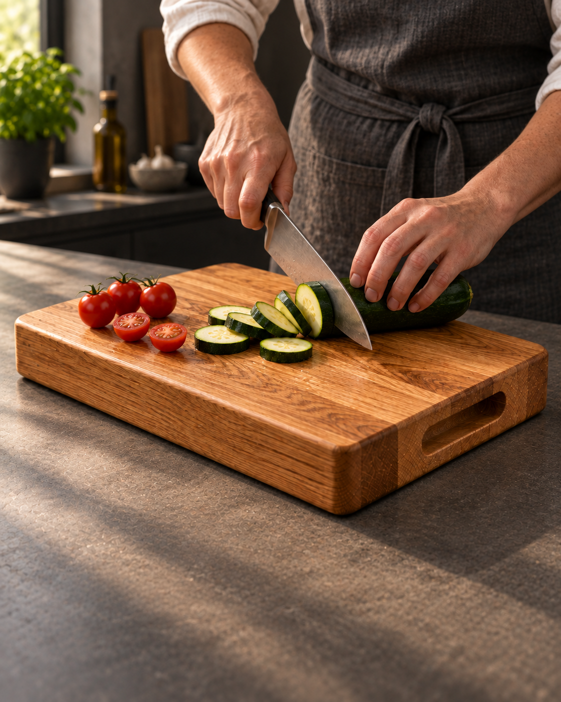 Preparing fresh vegetables on the solid oak chopping board